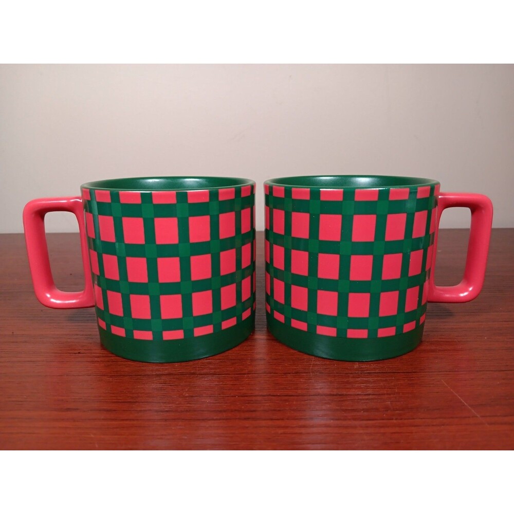 Starbucks Set Of 2 Holiday Plaid Coffee Mugs Red Green Christmas NWOB